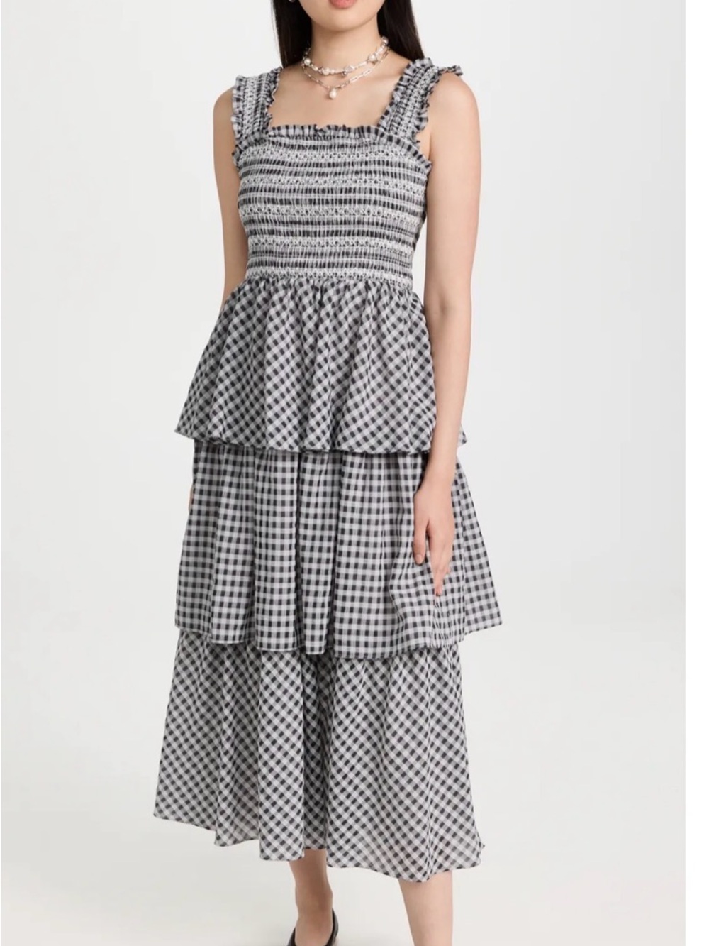 Smocked Gingham Tiered Midi Dress - Black & White